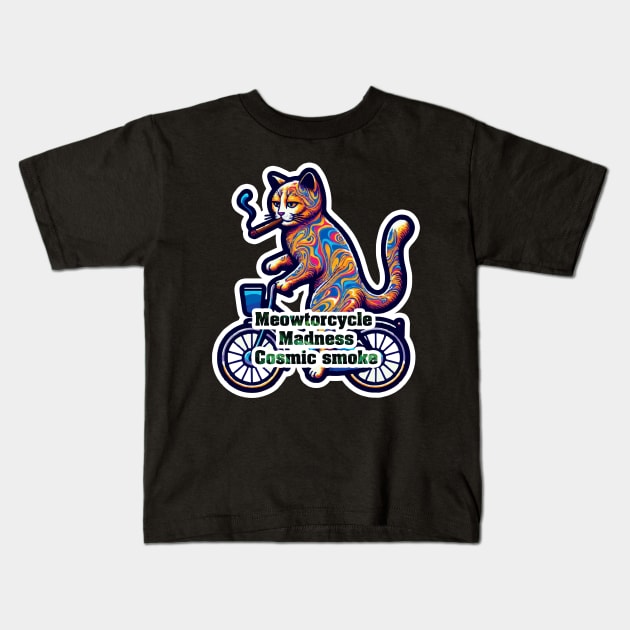 Psychedelic Cat on a Bike Smoking a Cigarette - Meowtorcycle madness Kids T-Shirt by diegotorres